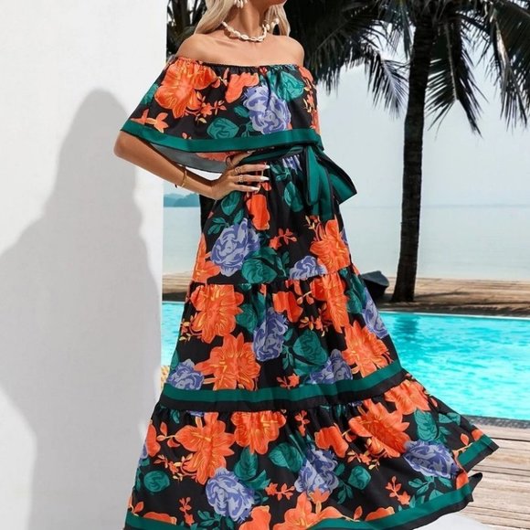 Multicolor Boho Womens Floral Print Off Shoulder Belted A-line Dress - Picture 4 of 5